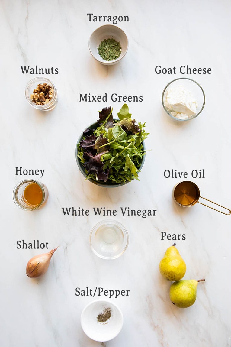 Ingredients for pear salad recipe with goat cheese.