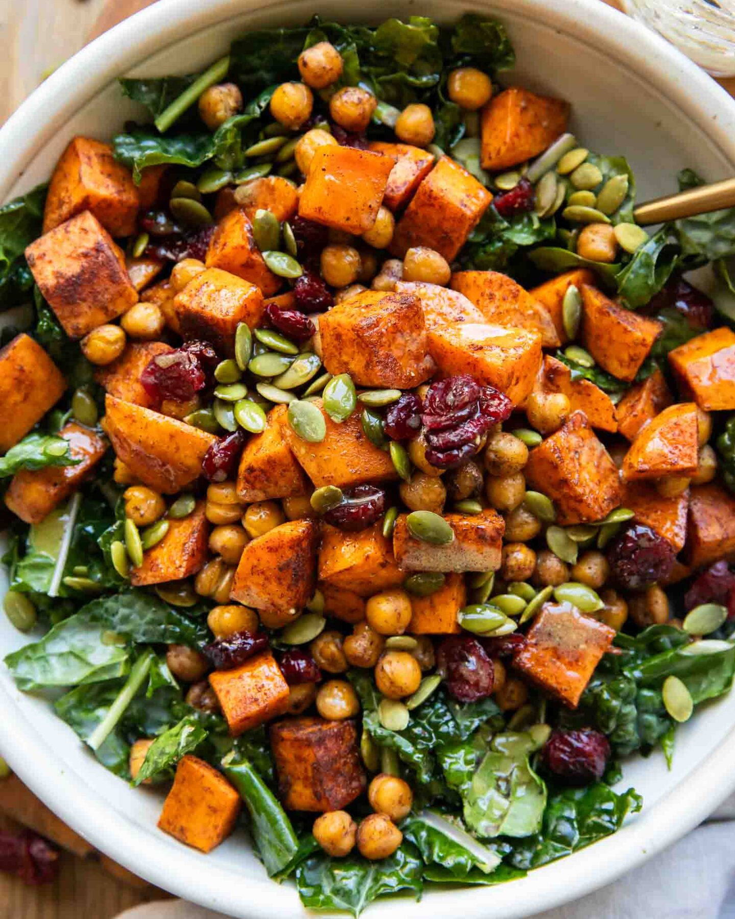 Winter Spiced Chickpea Power Bowls top shot photo with a fork.