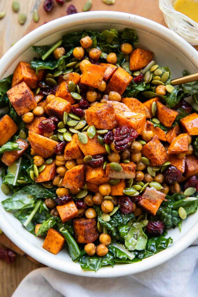 Winter Spiced Chickpea Power Bowls top shot photo with a fork.