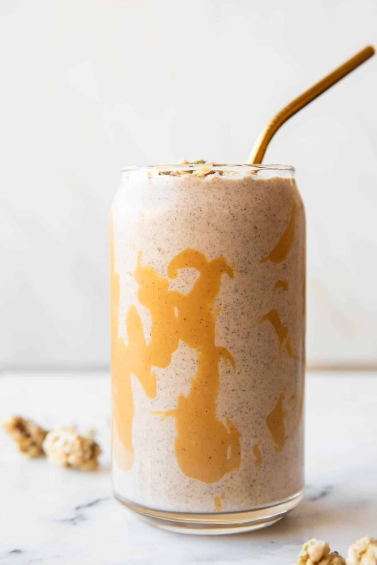 Close up of banana cashew smoothie.