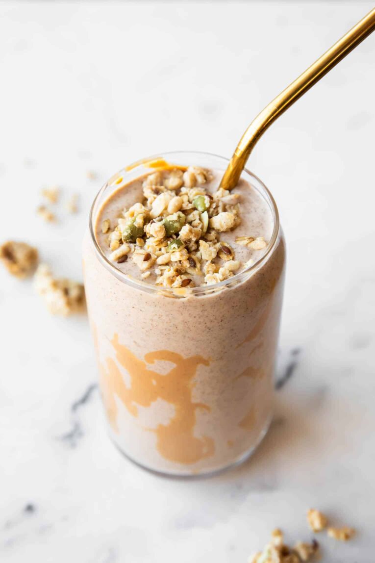 Angled photo of Banana Cashew Butter Chia Seed Smoothie.
