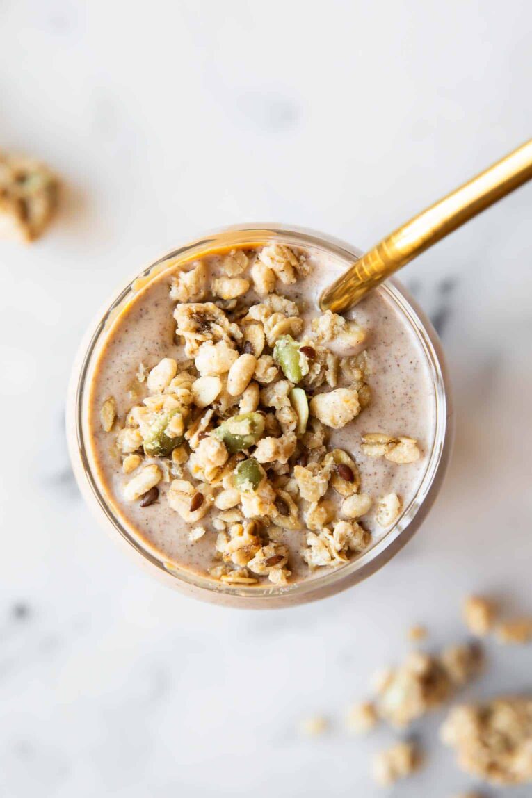 Top shot of banana chia seed smoothie recipe.