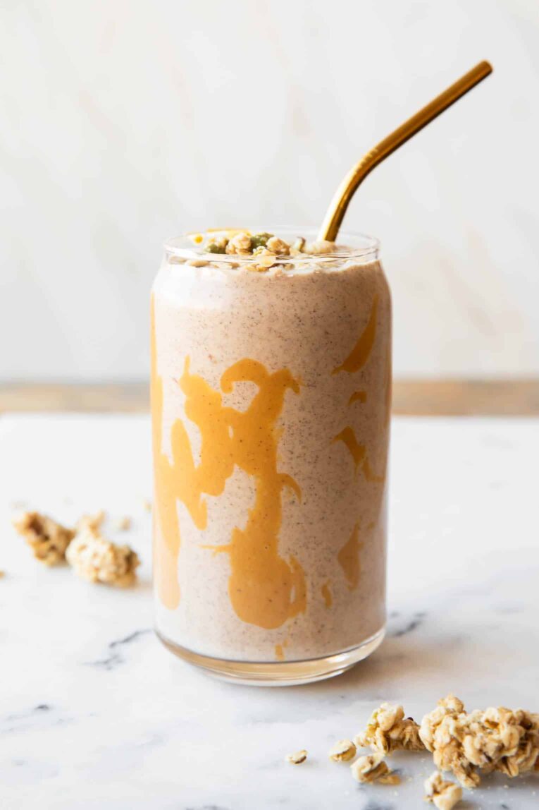 Banana smoothie with cashew milk and chia seeds.