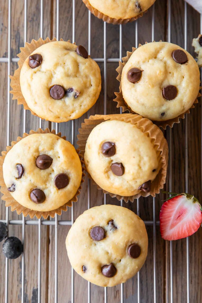 Chocolate Chip Cottage Cheese Muffins on a cooling rack.