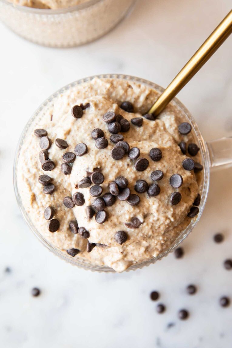 Top shot photo of cottage cheese cookie dough overnight oats.