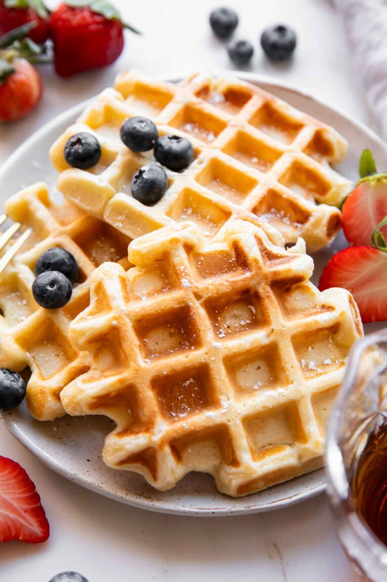 Angled close up of fluffy Cottage Cheese Waffles.