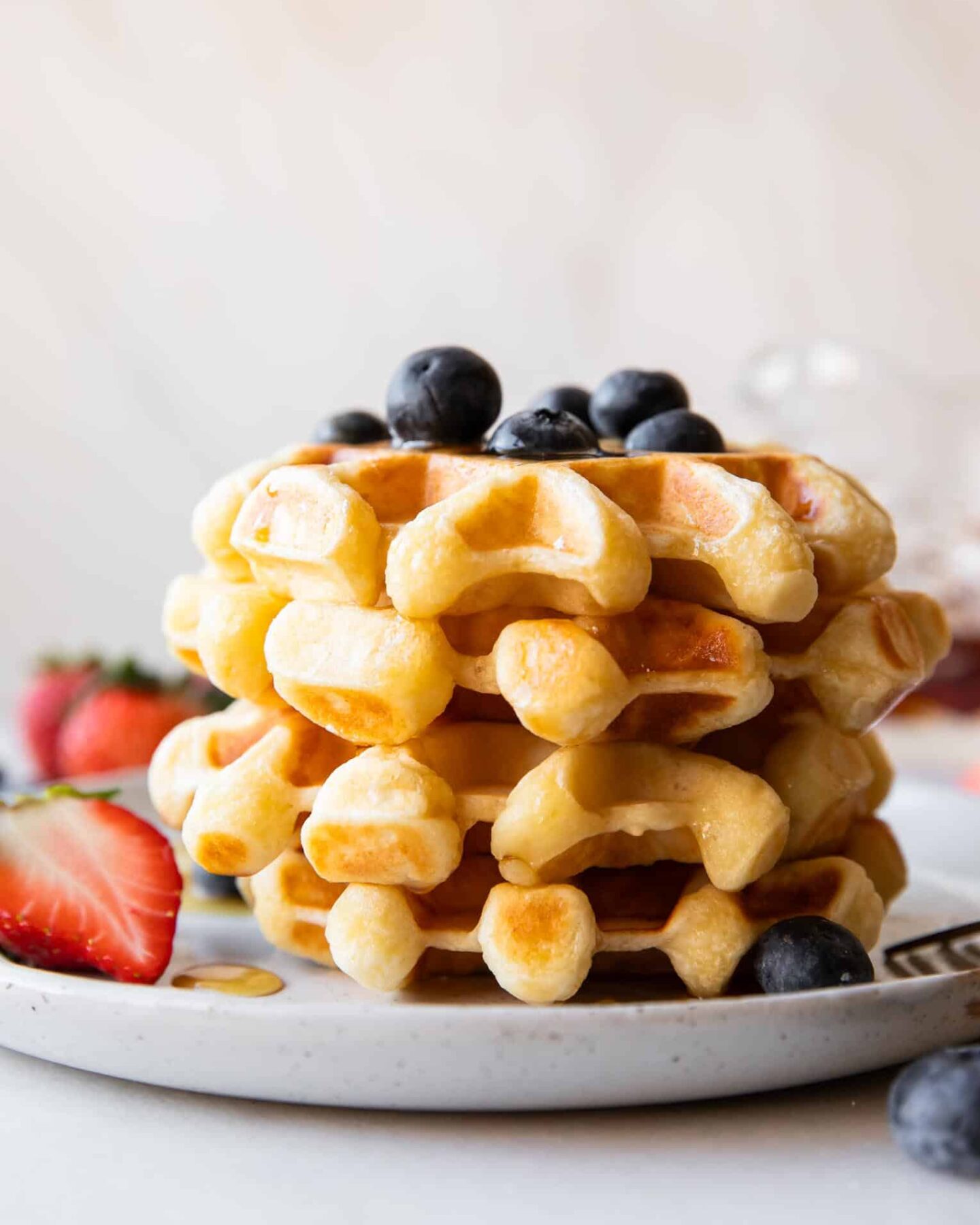 Across photo of stacked Cottage Cheese Waffles.