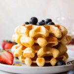 Across photo of stacked Cottage Cheese Waffles.