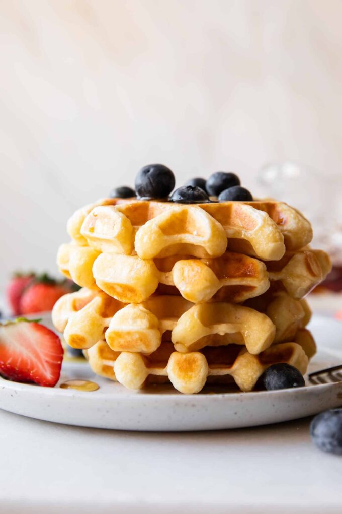 Across photo of stacked Cottage Cheese Waffles.