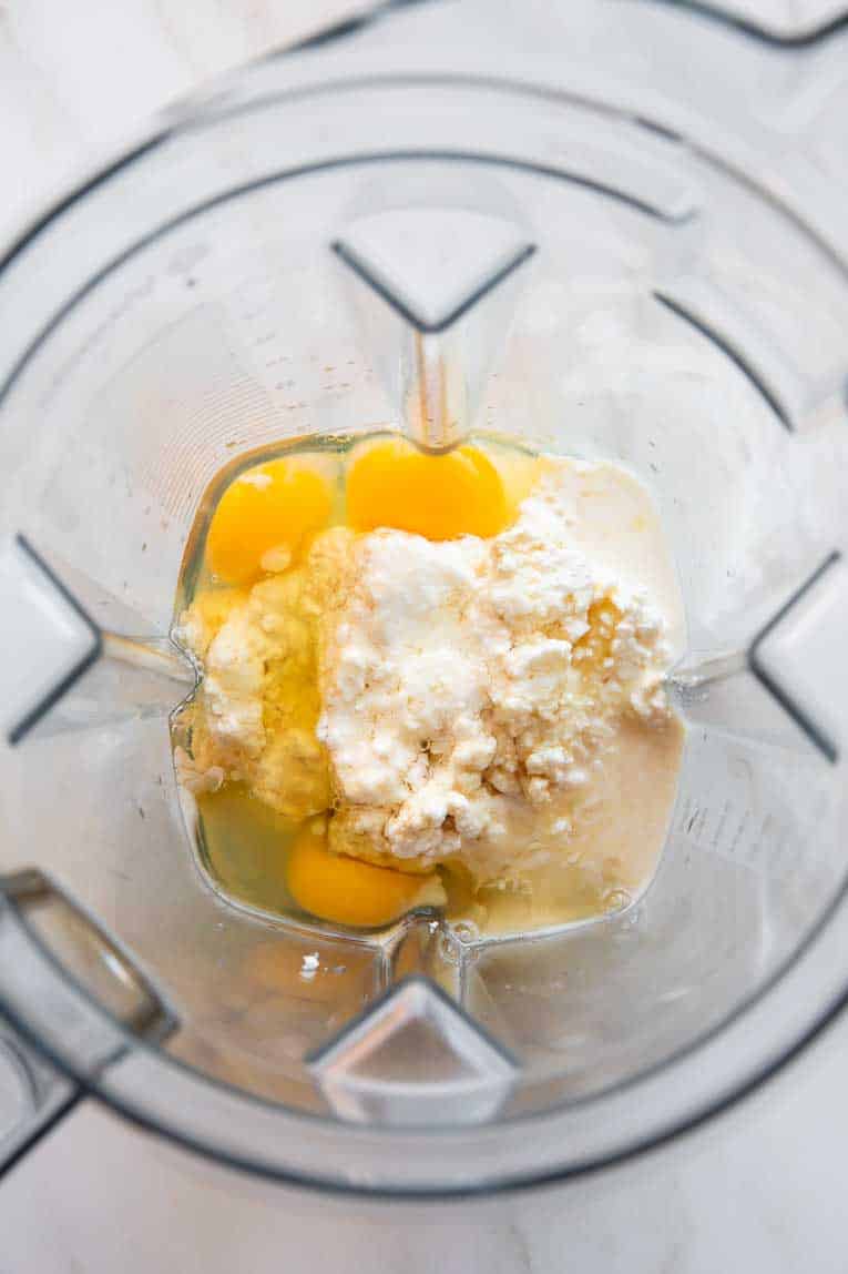 Liquid ingredients for Cottage Cheese Waffles in a blender.