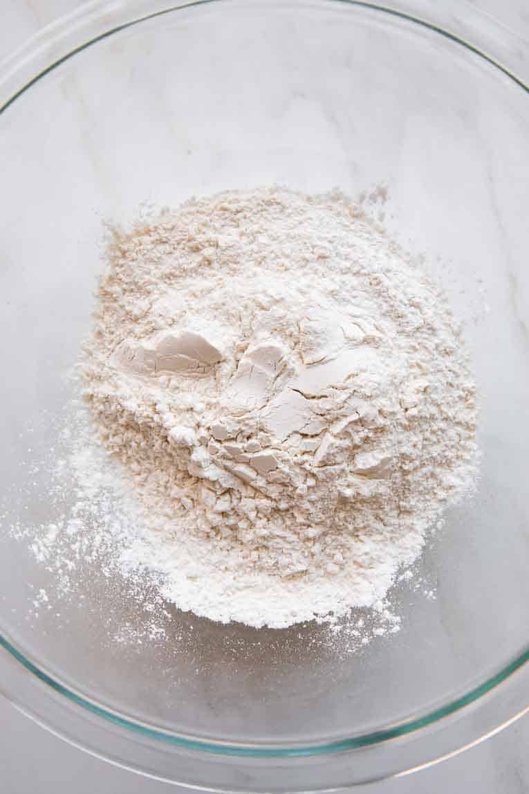 Dry ingredients for waffles in a bowl.