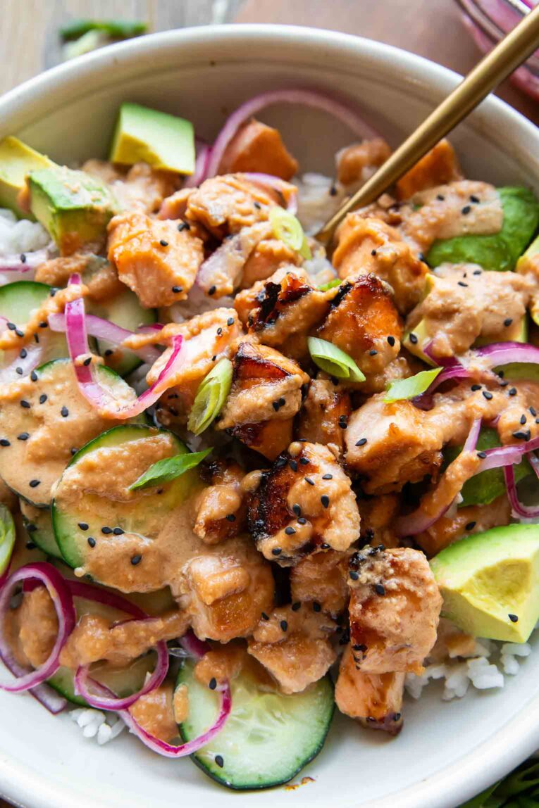 Close up of miso salmon recipe in a bowl.
