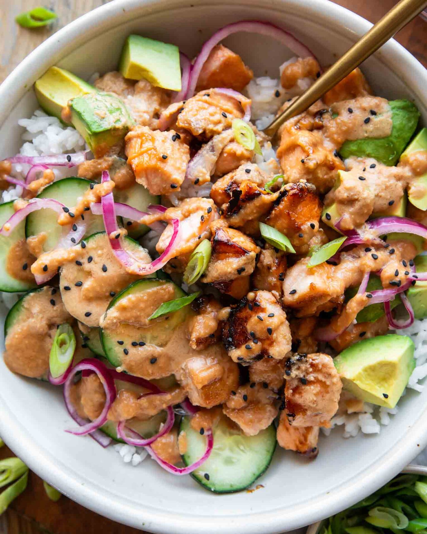 Top shot of Miso Glazed Salmon Bowls copycat recipe.