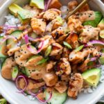 Top shot of Miso Glazed Salmon Bowls copycat recipe.