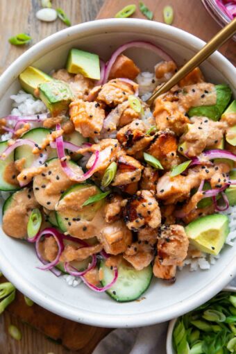 Top shot of Miso Glazed Salmon Bowls copycat recipe.
