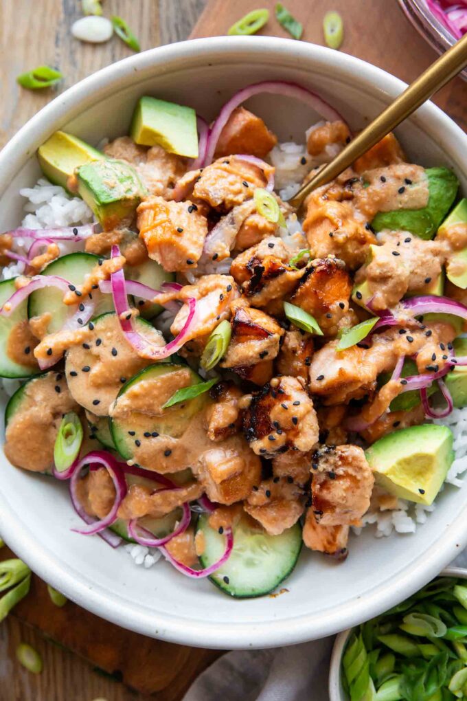 Top shot of Miso Glazed Salmon Bowls copycat recipe.