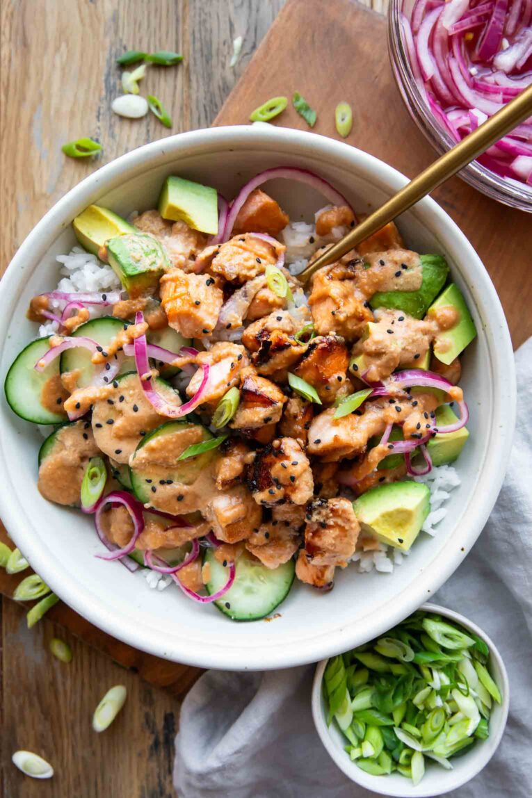 Miso Glazed Salmon Bowls with topping ideas.