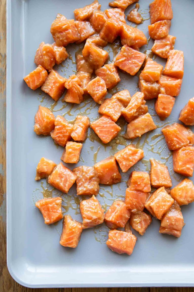 Miso salmon being baked on a sheet-an.