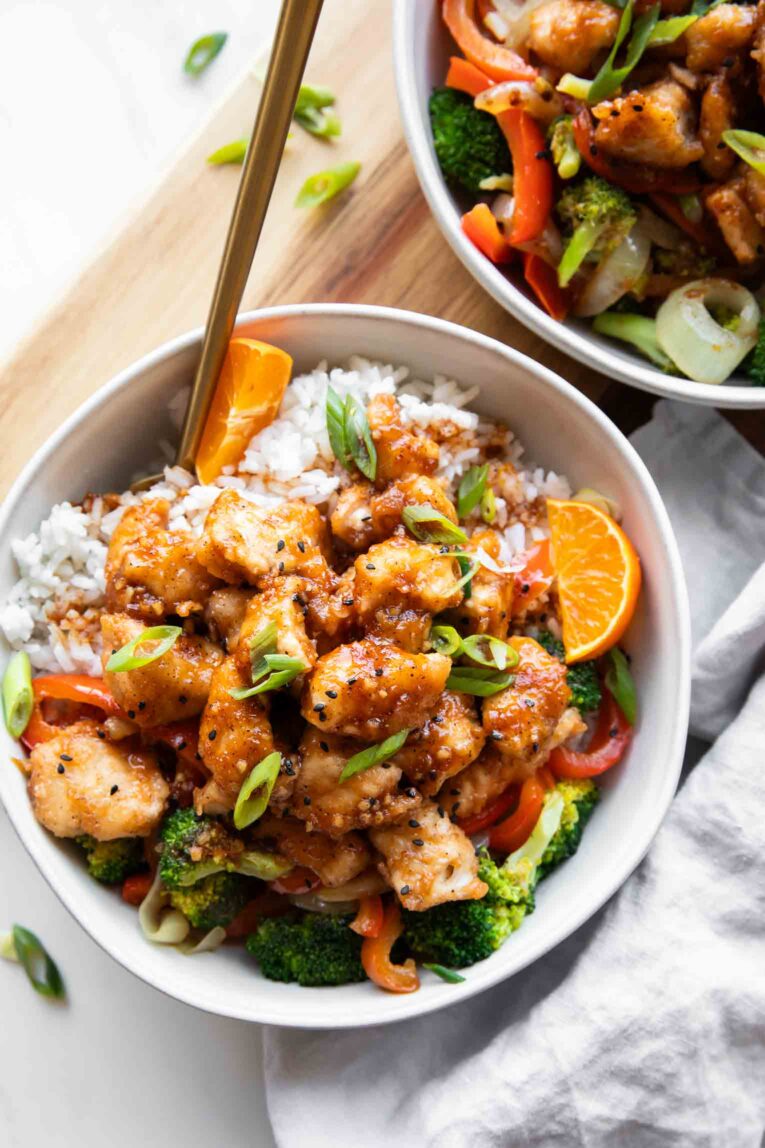 Top shot of Orange Chicken Meal Prep Bowls.