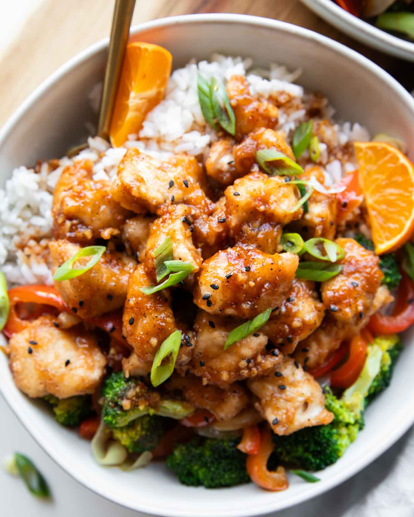 Close up of Orange Chicken Bowl recipe.