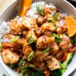 Close up of Orange Chicken Bowl recipe.