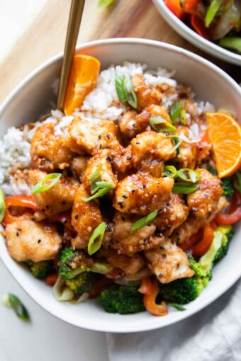 Close up of Orange Chicken Bowl recipe.