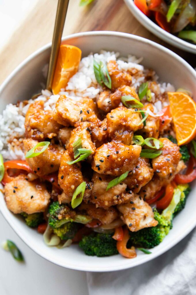 Close up of Orange Chicken Bowl recipe.