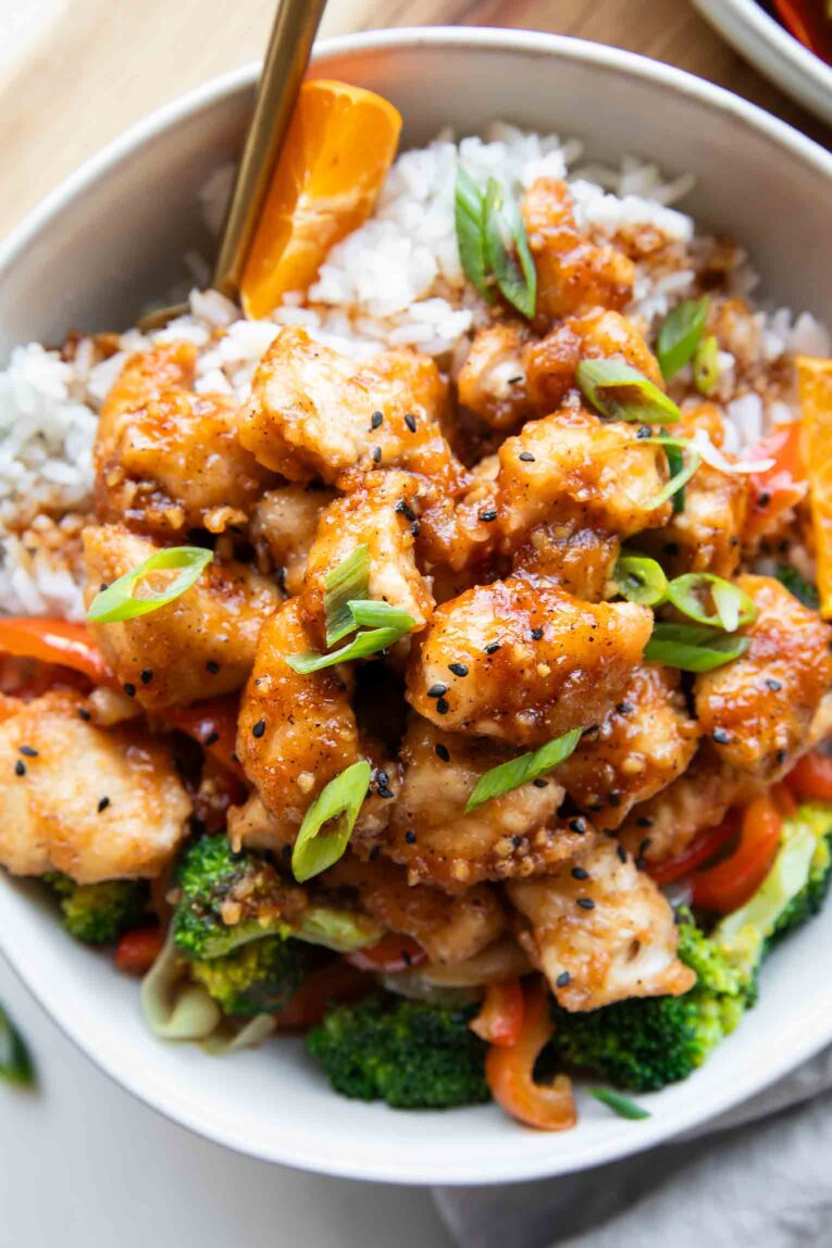 Close up of Orange Chicken Bowls.