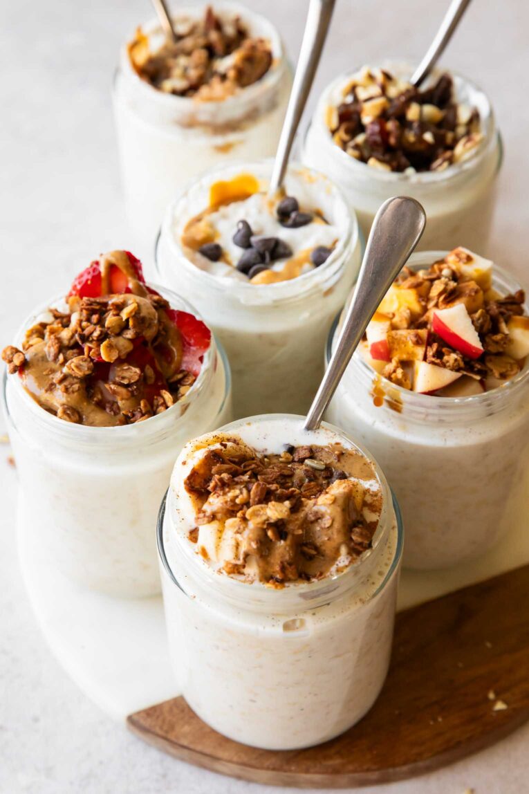 Angled photo of overnight oatmeal.