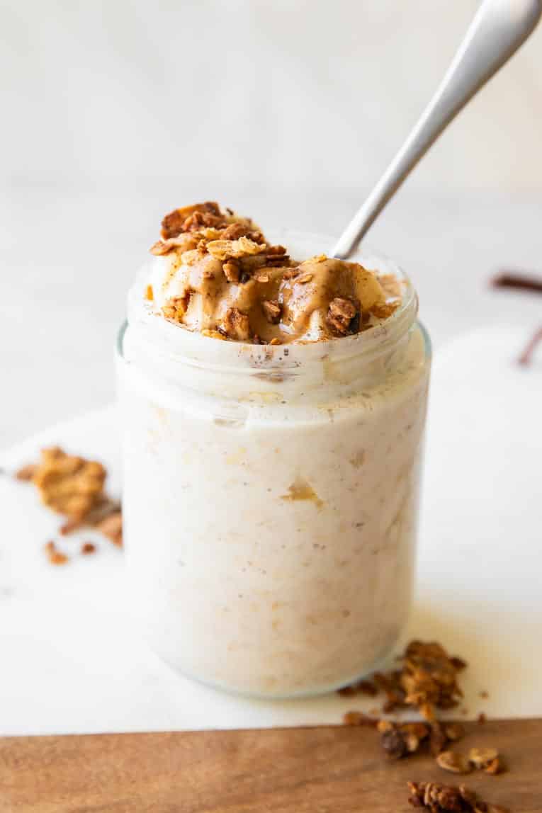 Angled photo of banana bread overnight oats.