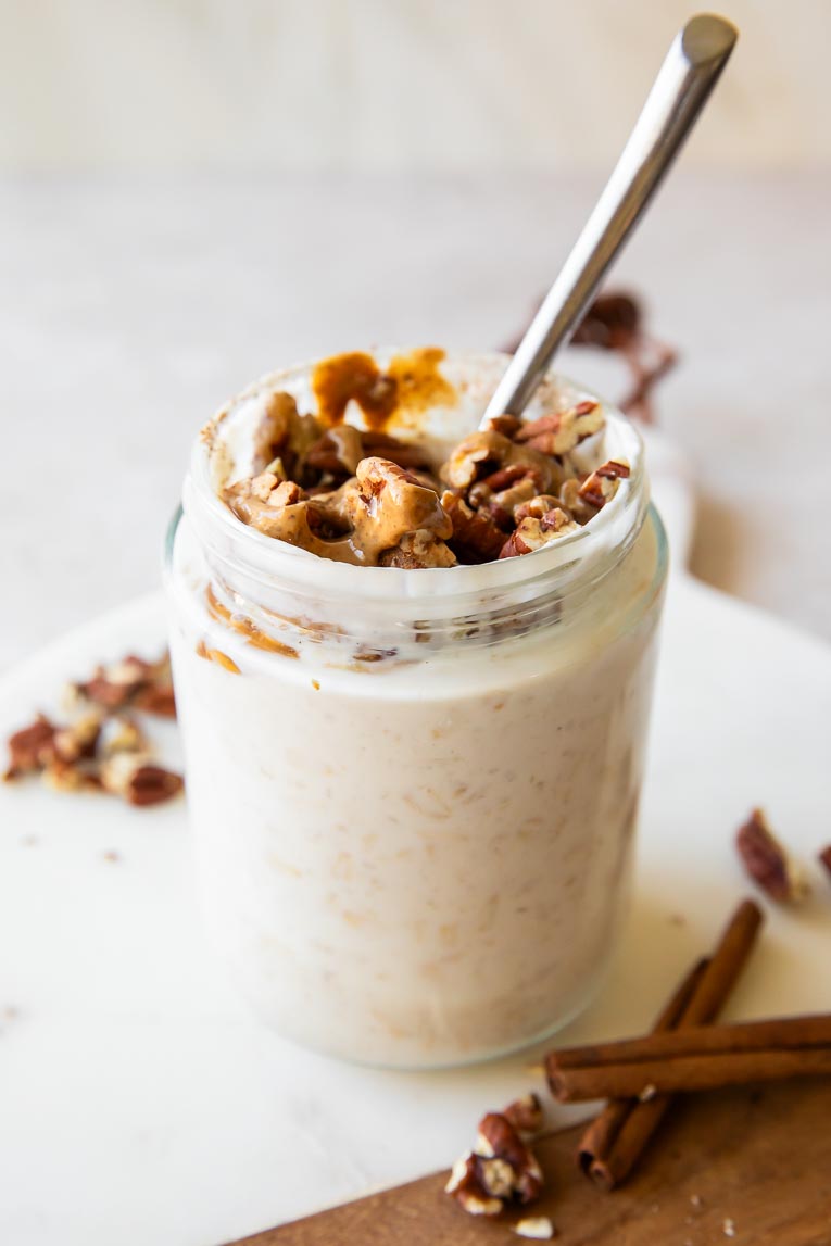 Angled photo of maple cinnamon pecan oats.