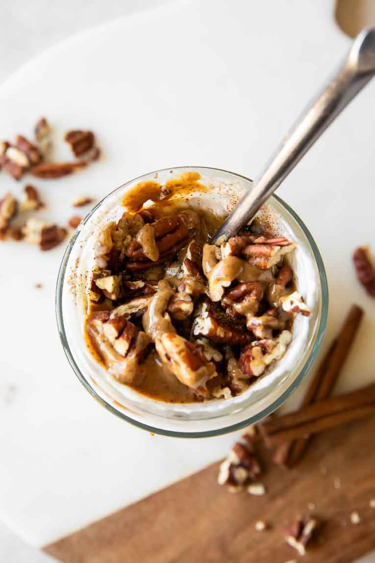 Top shot photo of maple cinnamon pecan overnight oats.