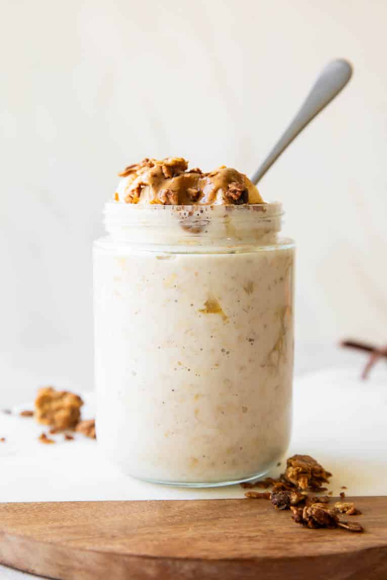 Across photo of banana bread overnight oats.