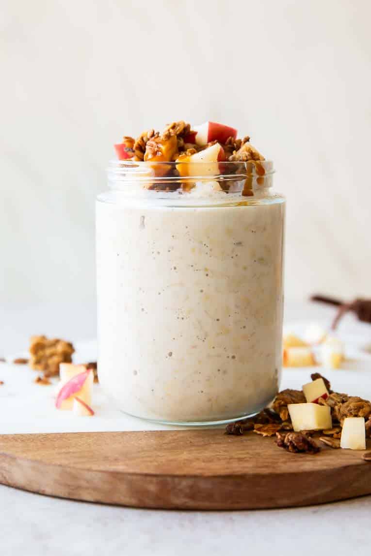 Across photo of caramel apple pie overnight oats.