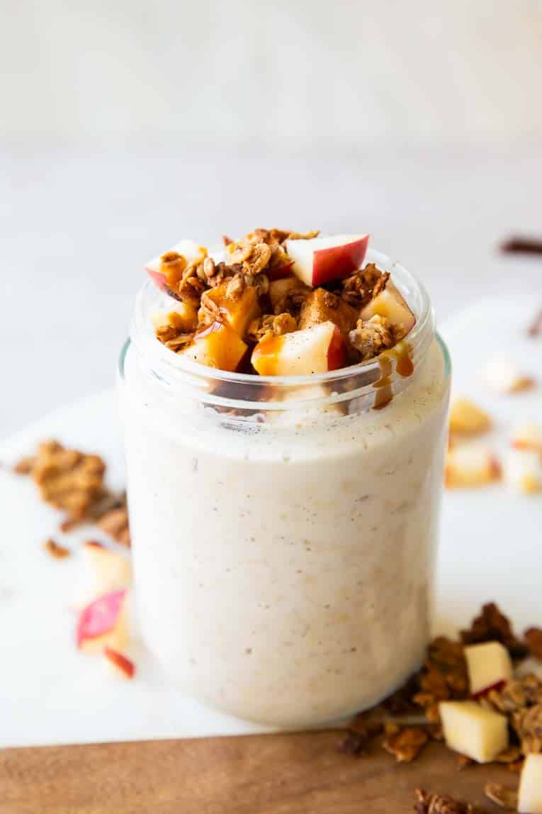 Angled photo of caramel apple pie overnight oats.