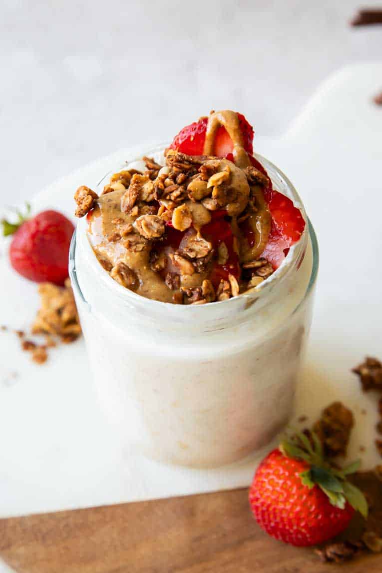 Angled photo of strawberry crumble overnight oats.