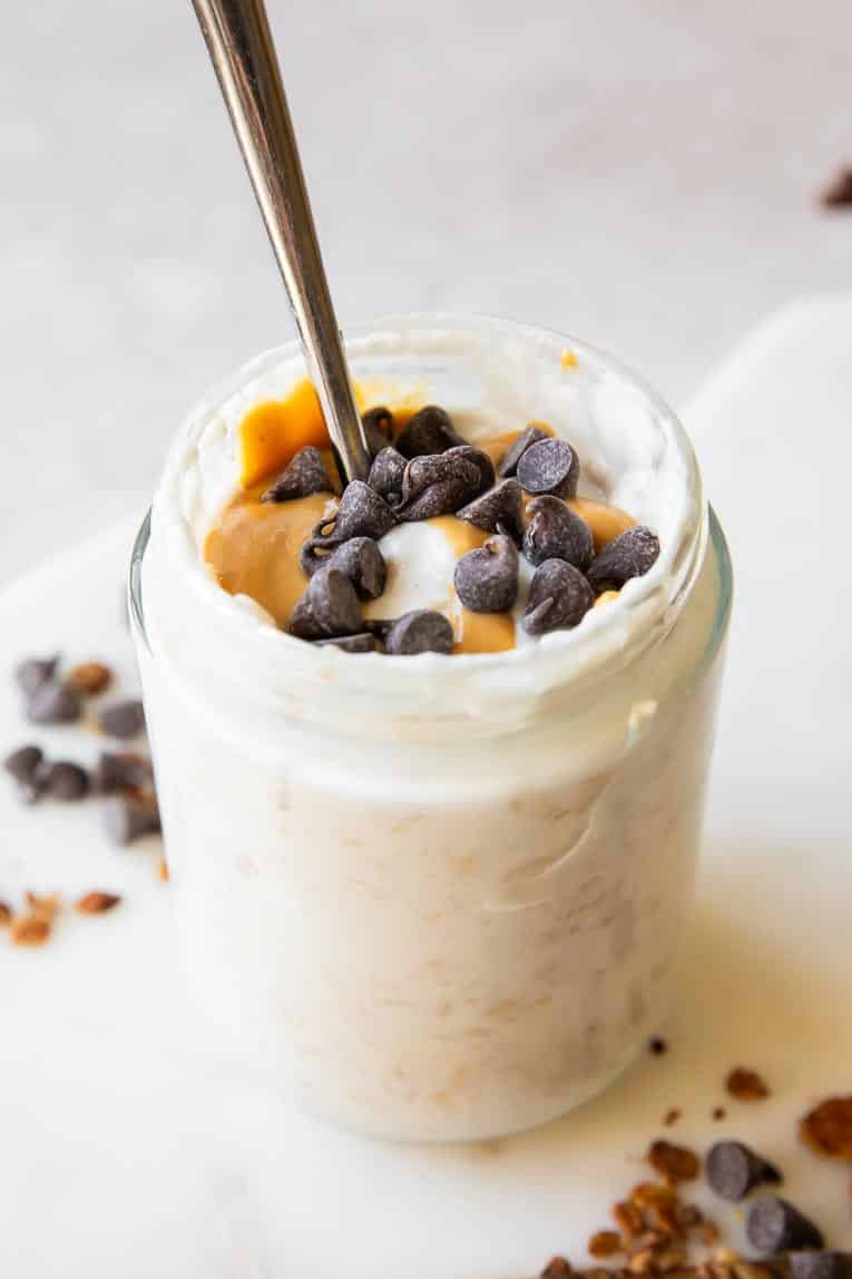 Angled p photo of chocolate peanut butter overnight oats.