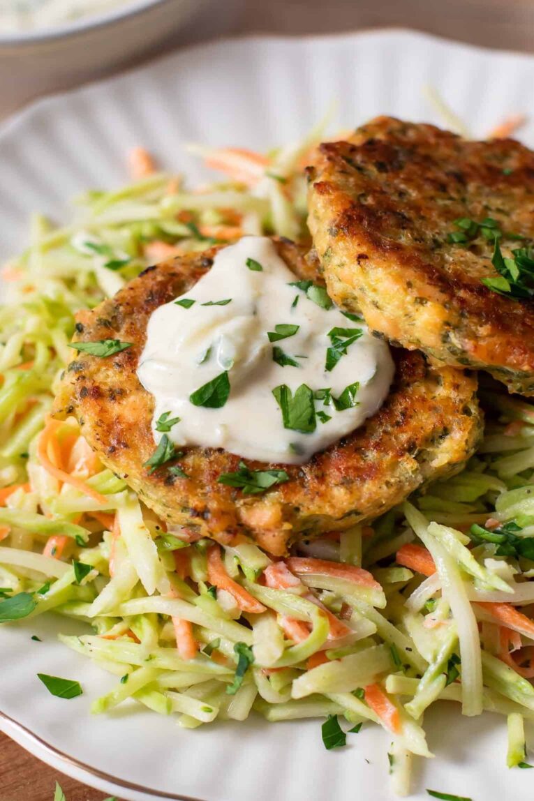 Angled photo of Salmon Patties on a plate.