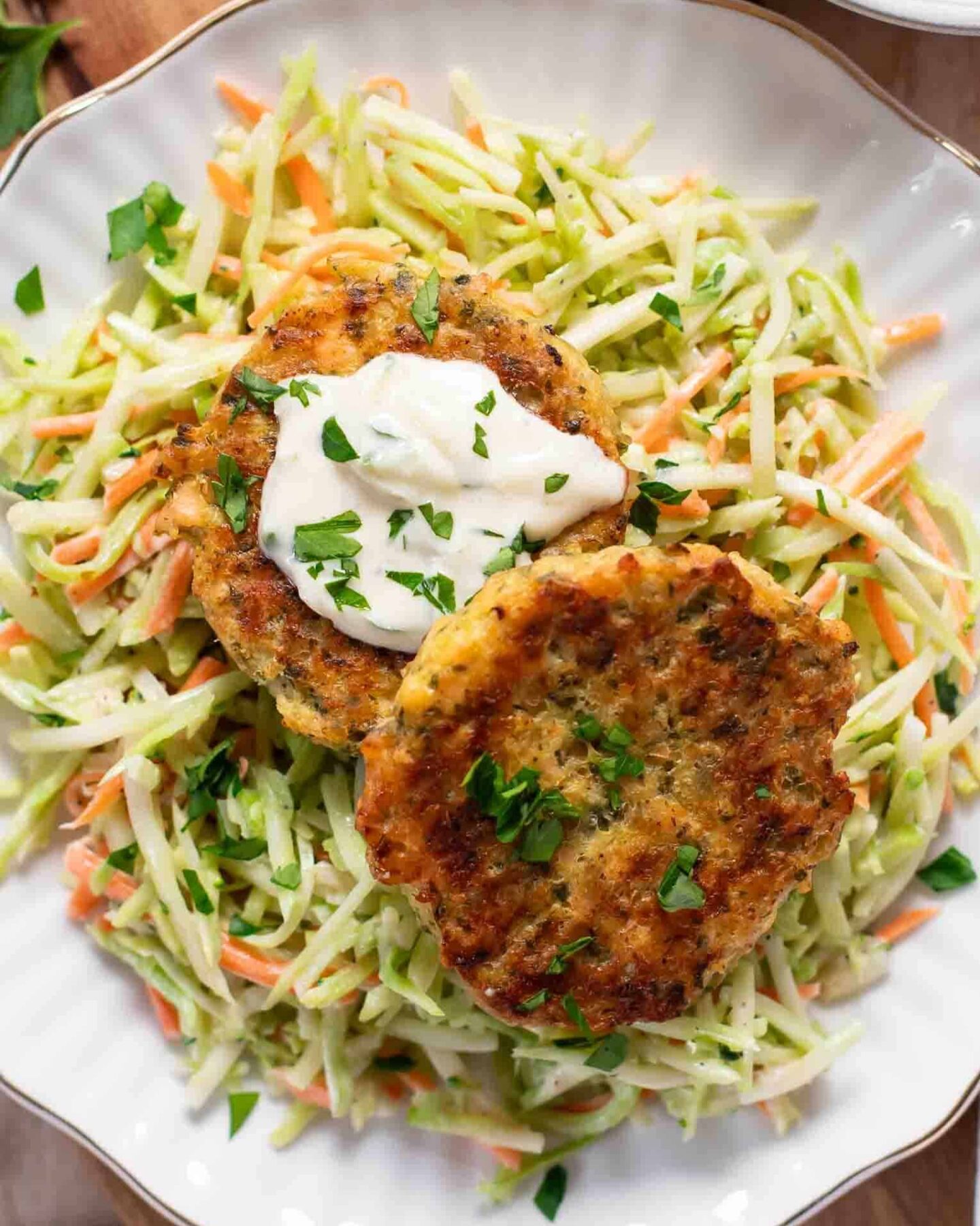 Top shot of easy Salmon Patties recipe on a plate.