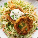 Top shot of easy Salmon Patties recipe on a plate.