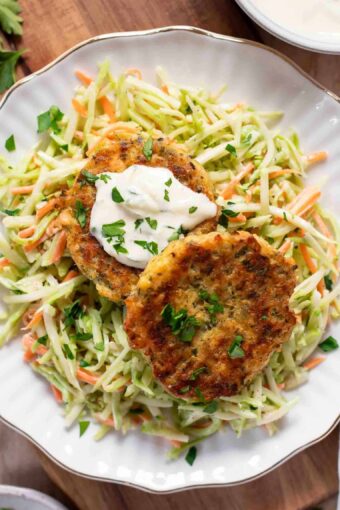 Top shot of easy Salmon Patties recipe on a plate.