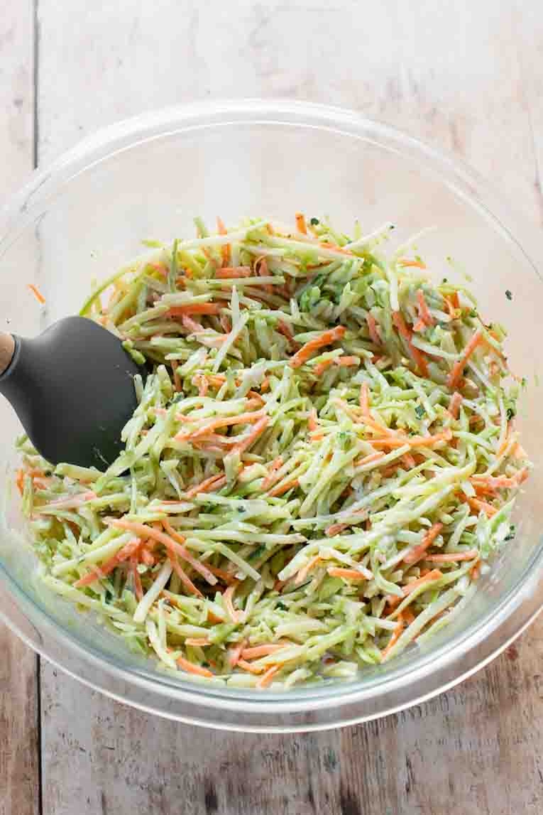 Broccoli slaw in a mixing bowl.