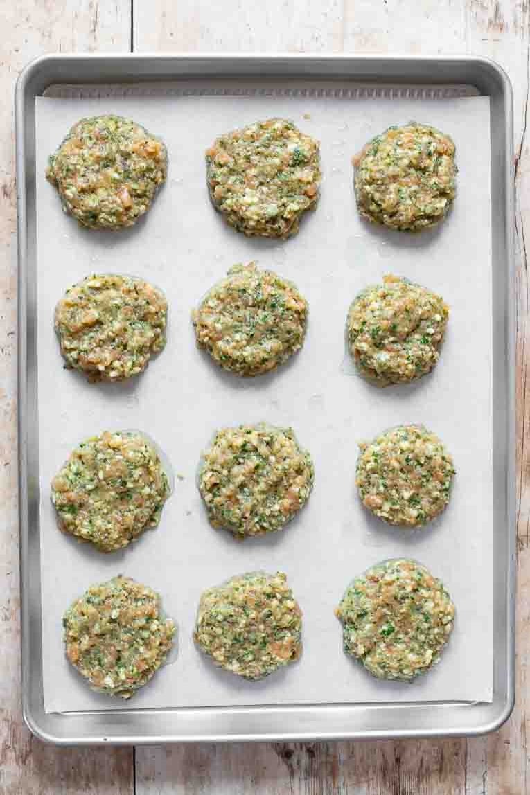 Salmon Patties on a baking sheet.