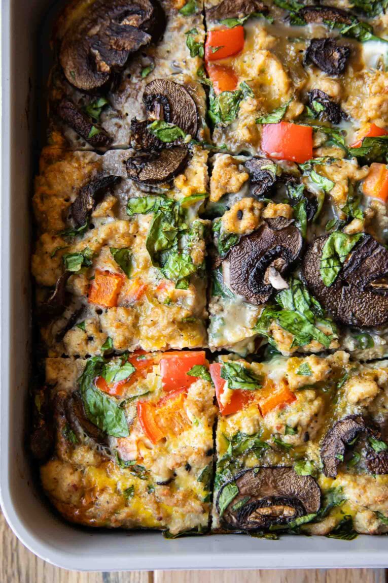 Close up of Whole30 Breakfast Casserole with eggs, ground turkey, mushrooms and veggies.