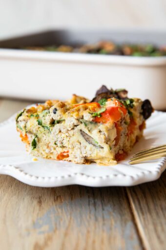 Close up of Whole30 Breakfast Casserole slice on a plate.
