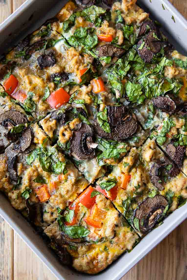 Whole30 Breakfast Casserole sliced in a casserole dish.