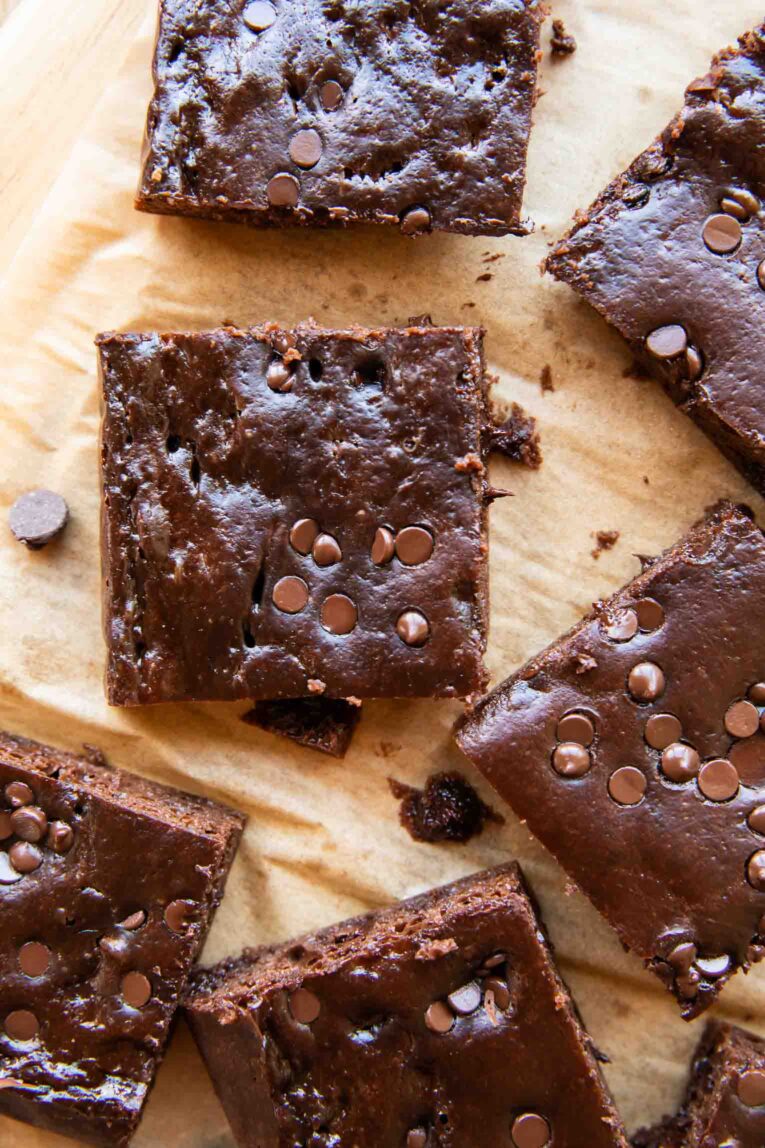 Top shot photo of sliced protein brownies.
