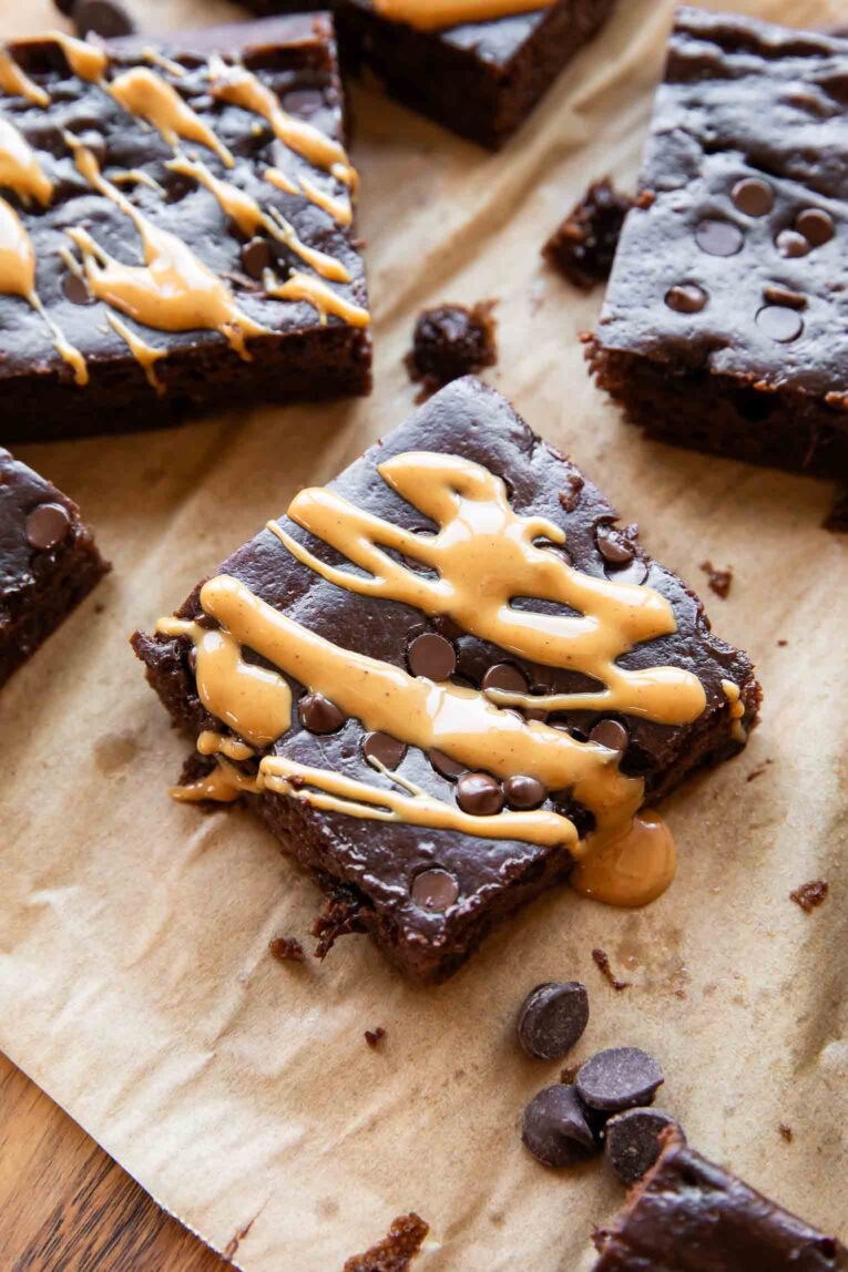 Cottage Cheese Brownies with peanut butter drizzle.