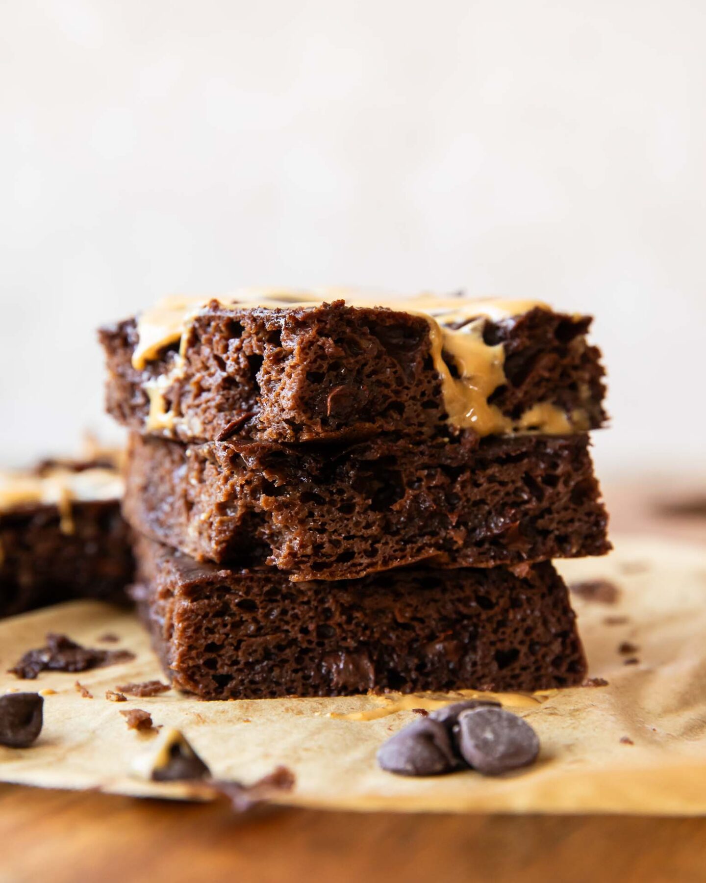 Close up of stack of 3 Cottage Cheese Brownies.