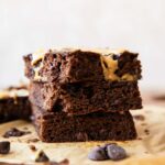 Close up of stack of 3 Cottage Cheese Brownies.